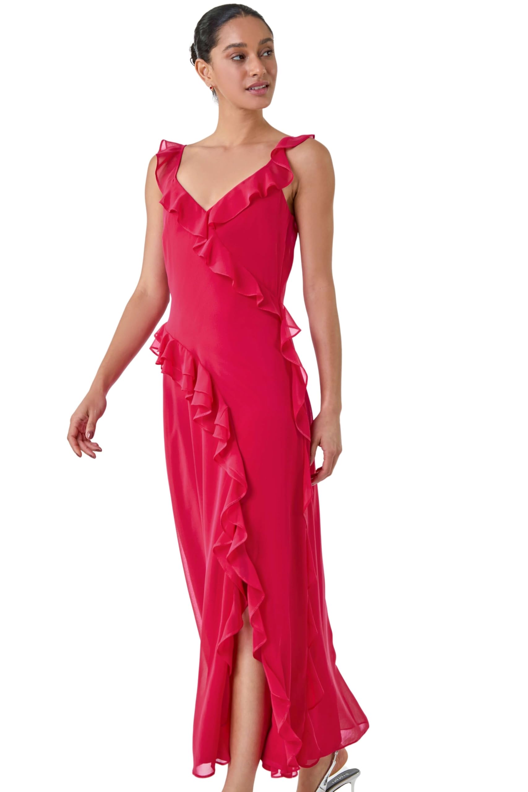 Dusk Fasion Frill Maxi Dress for Women UK - Ladies Everyday Holiday Spring Summer V-Neckline Comfy Soft Evening Vacation Work Party - Cerise - Size 12