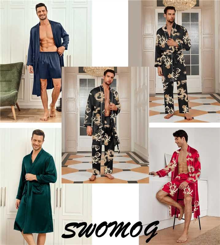 Image of SWOMOG Mens 3 PCS Satin Robe with Pants & Shorts Set Kimono Bathrobe Long Sleeve Sleepwear Pjs Sets with Pockets