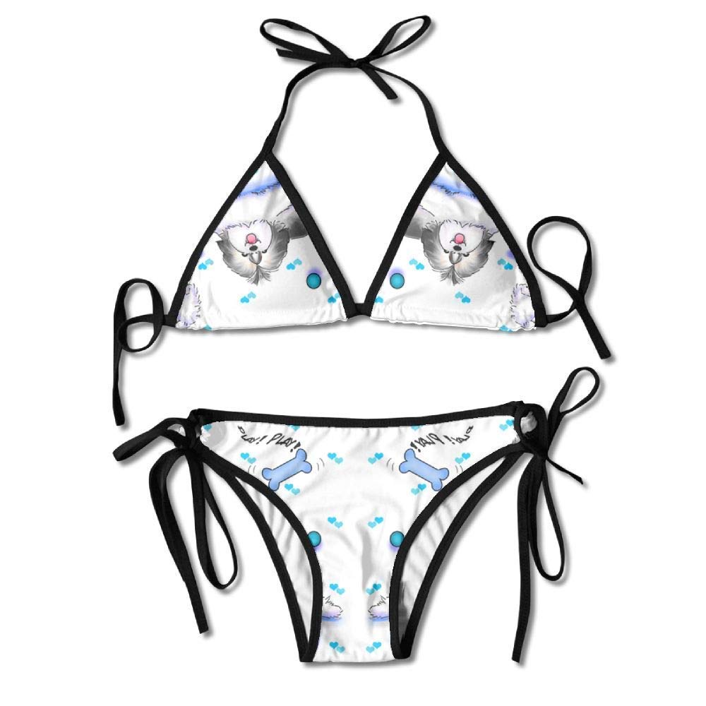 Osmykqe Womens Sexy Bikini Sets Bathing Swimsuits Tie Back Shih-tzu Play Time Flower Print Black