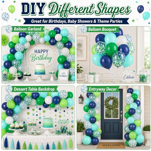 Image of Blue and Green Balloons 60PCS Green and Blue Balloon Set, 12 Inch White Metallic Confetti Latex Balloon for Jungle Dinosaur Kids Boys Birthday Baby Shower Wedding Graduation Party Decor