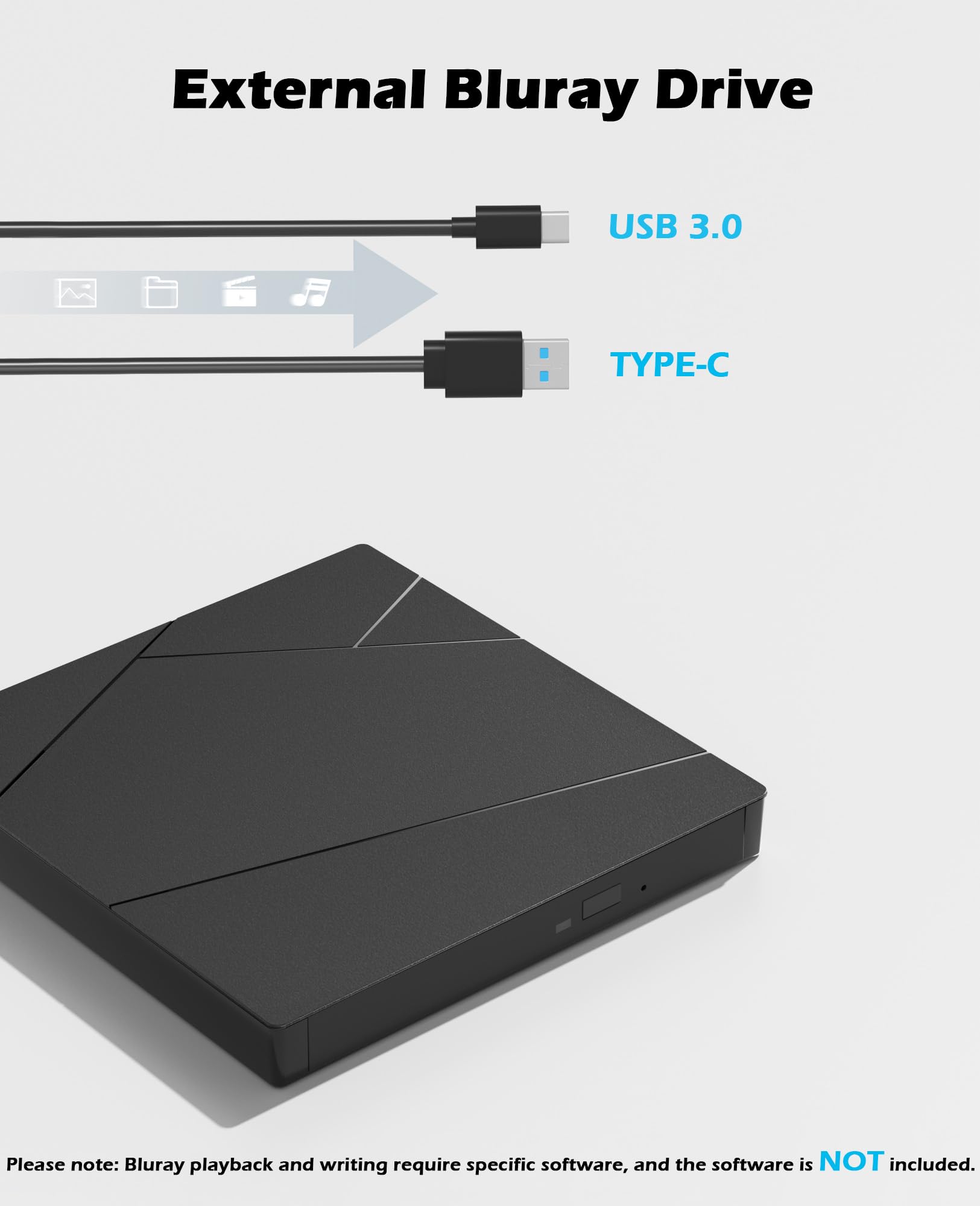 Wbacon Unidad Blu ray externa con cable de datos de extensión USB 3.0 tipo C | Unidad de DVD Blueray externa para PC, grabadora externa Bluray compatible con Windows/MacOS/Linux Laptop Desktop