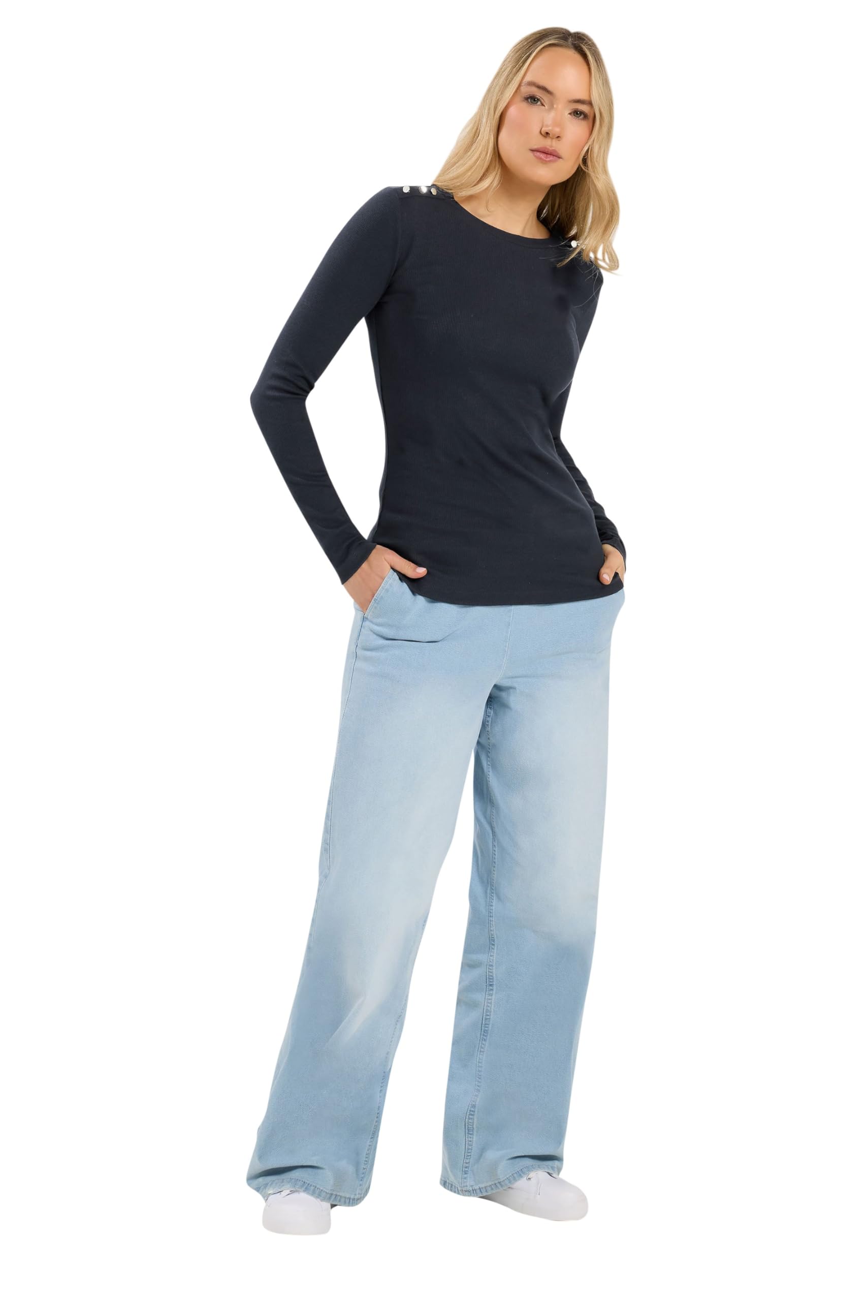 Long Tall Sally Women's Dark Blue Tall Ribbed Button Top In | : Size 14