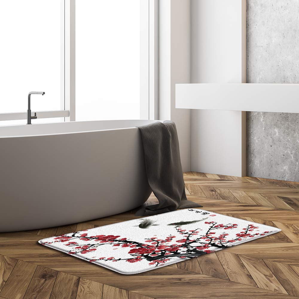 Duschvorhang Asiatisches Design – Rote Pflaumenblüte & Koi-Fische, 178x178 Cm, Wasserdicht