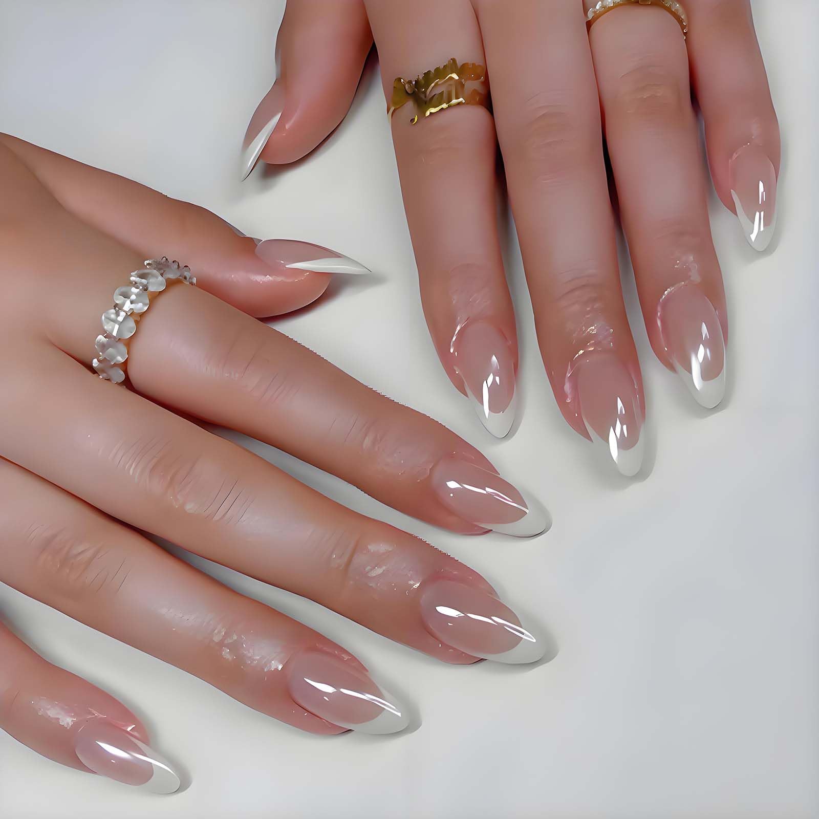 French Pink Almond Press On Nails with White French Tip