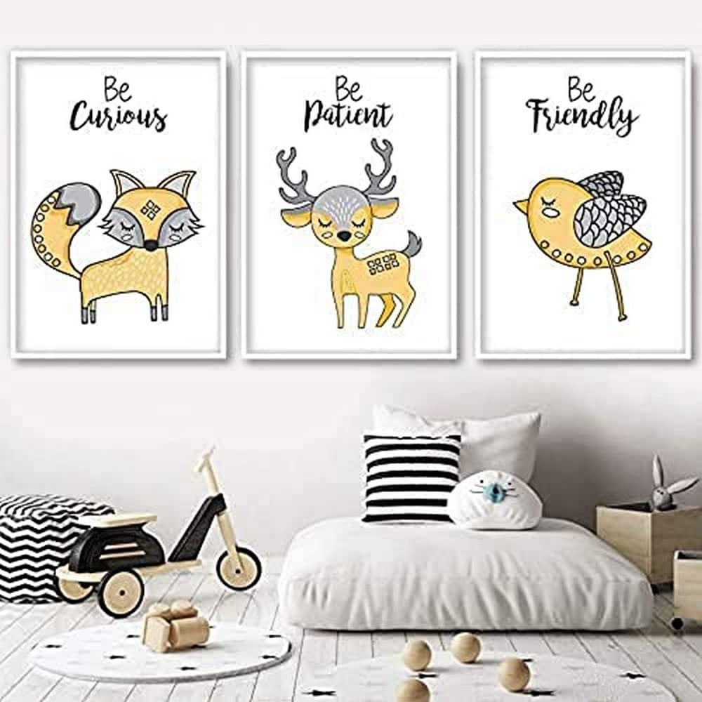 Artze Wall Art Nursery Forest Animals Gallery Wall Art Print Original Scandinavian Style Fox Deer Bird Be Curious Picture Posters 3-Piece Set, 50 cm Width x 70 cm Height, Yellow/Grey