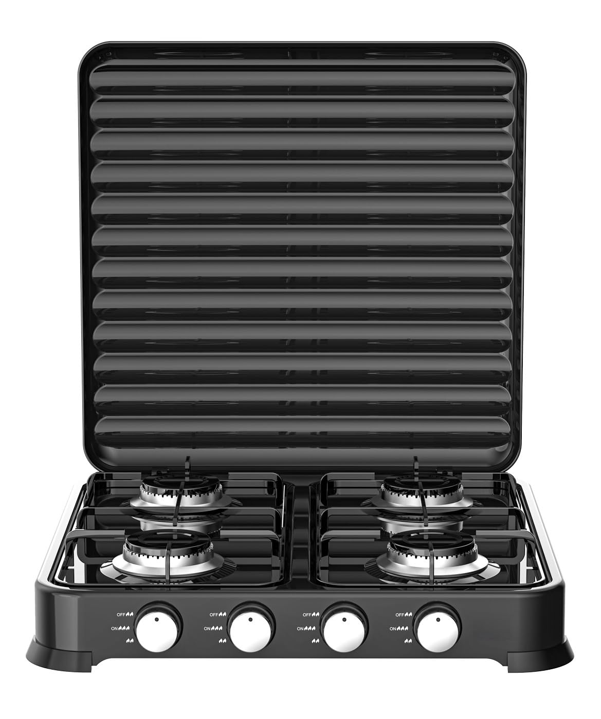 Cocina de Gas portátil de 4 fuego con parrilla, Apta para butano y propano, Tapa protectora extraíble, Ideal para camping, Ocupa poco espacio