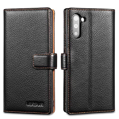 LENSUN Funda Samsung Galaxy Note 10, Funda de Cuero Genuino con Tapa Cierre Magnético y Ranuras para Tarjetas Carcasa Libro Protección para Samsung Galaxy Note 10 - Negro (N10-LG-BK)