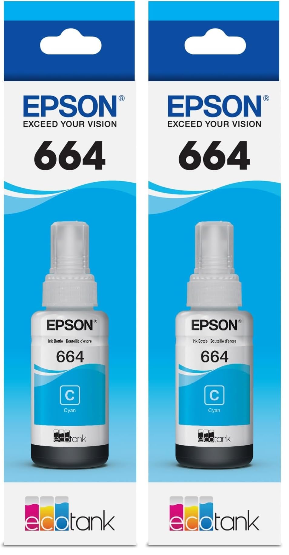 Epson 664 EcoTank Ink Ultra-high Capacity Bottle Cyan (T664220-S) Works with EcoTank ET-2500, ET-2550, ET-4500, ET-4550, ET-2600, ET-2650, ET-3600, ET-16500 (Pack of 2)