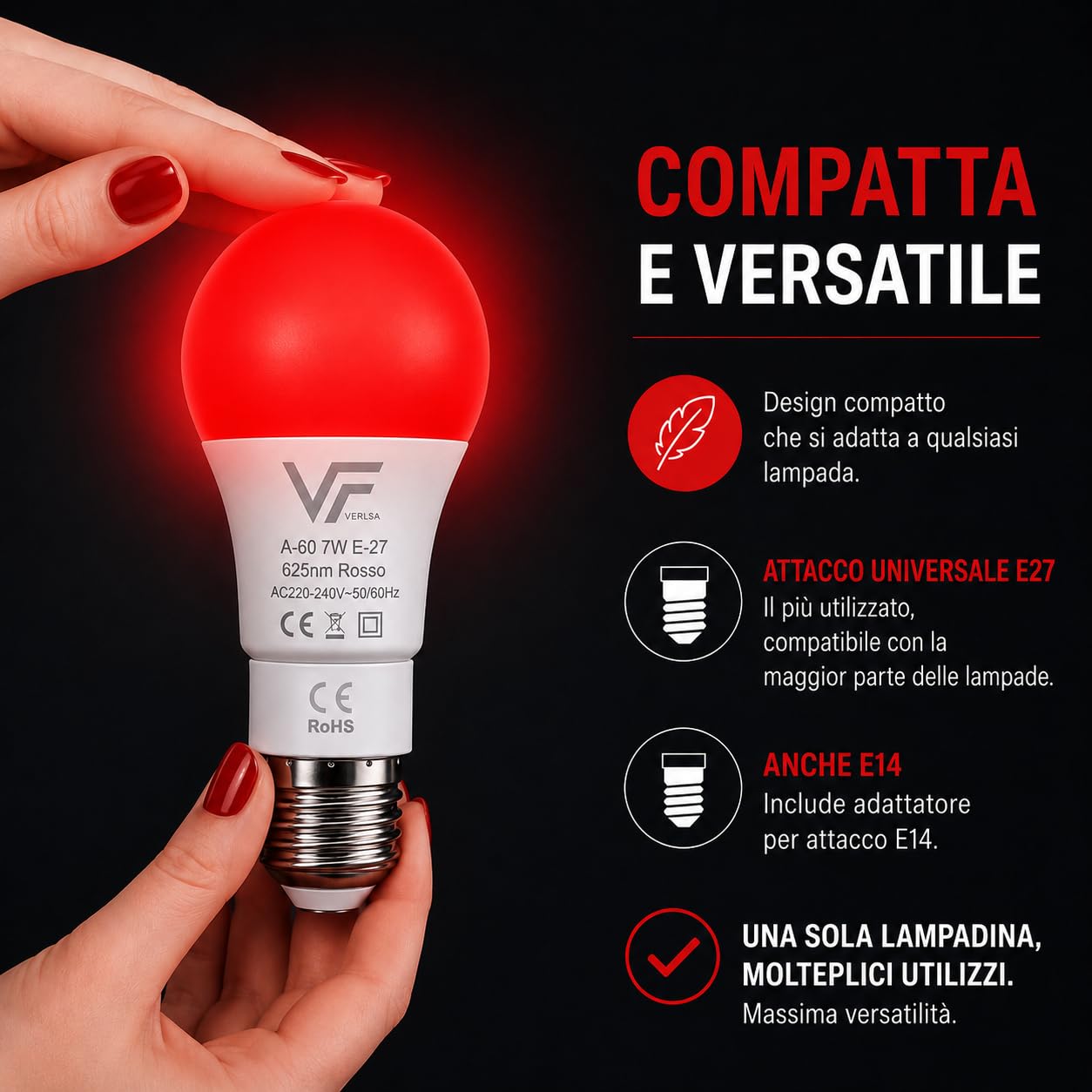 Pack2 Lampadina LED notturna, melatonina rossa 625nm, attacco E27+E14-2 in 1 - Adattatore incluso - Lampadina rossa da 7W per la terapia del sonno - 0% luce blu - Senza sfarfallio