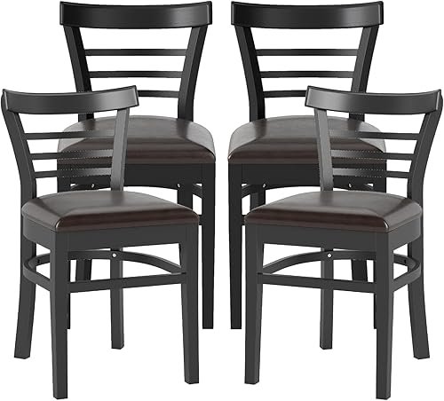 KOTEK Juego de 4 sillas de comedor de madera, sillas de cocina de madera de goma maciza con asiento acolchado de piel sintética y respaldo curvo,