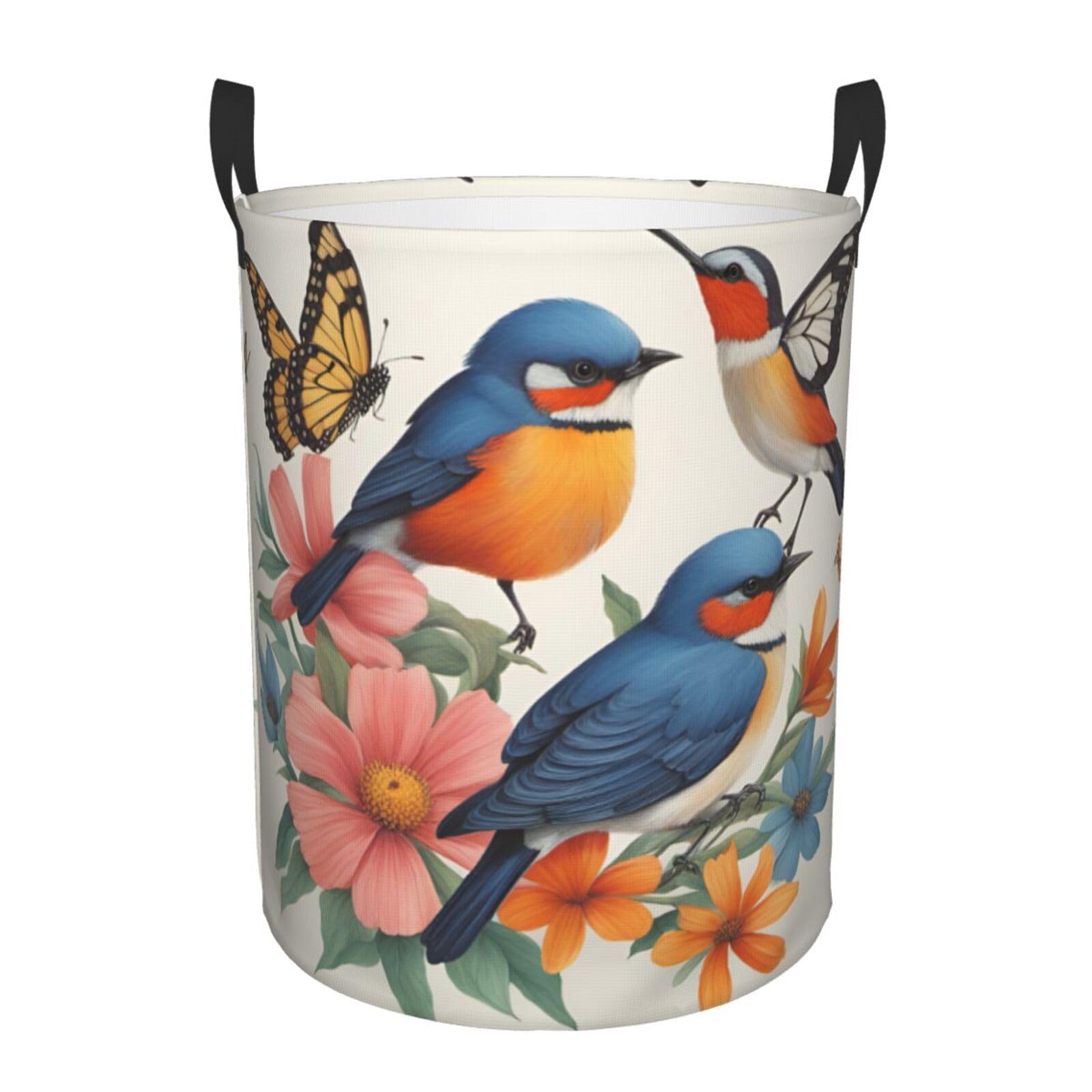 M Collapsible Laundry Hamper Round Birds Flowers Butterfly Print Storage