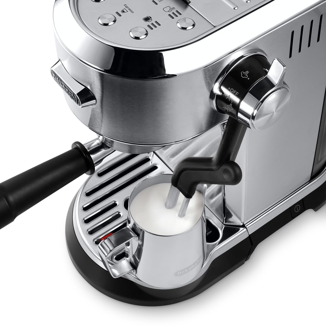 De'Longhi Dedica Maestro Plus EC950.M Macchina Caffè Espresso Manuale, Caffè Polvere o Cialde E.S.E, Montalatte Automatico Tecnologia Auto LatteArt, Serbatoio 1,6L, Spegnimento Automatico, Silver