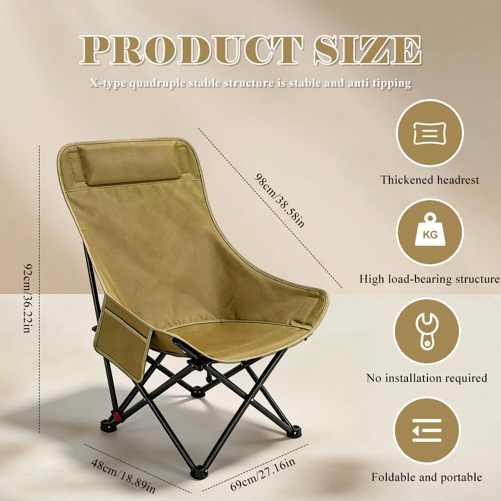 Silla de camping plegable con respaldo alto, 150 kg, silla plegable ligera con bolsillos laterales, respaldo portátil, silla de camping, silla de pesca, silla plegable para exteriores, senderismo
