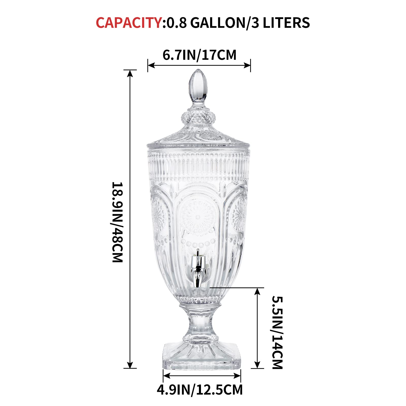 Dispensador de Bebidas con Grifo 3L - con Tapa de Cristal y Grifo sin Fugas - dispensador de Bebidas de 0,8 galones - Agua Jugo Vino Sangria - para Fiestas, Bares