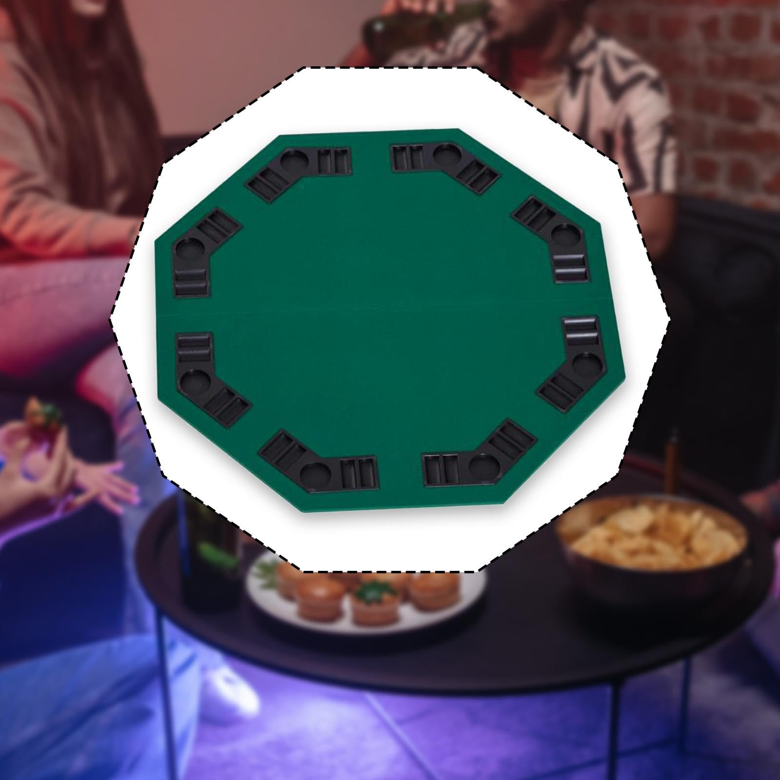 perfeclan Faltbare Pokertischplatte, Texas Hold'em-Tischmatte mit Chip-Schalen & Getränkehaltern, achteckig, professionelles 48-Zoll-Tischlayout aus, 8 Spieler für Versammlungen
