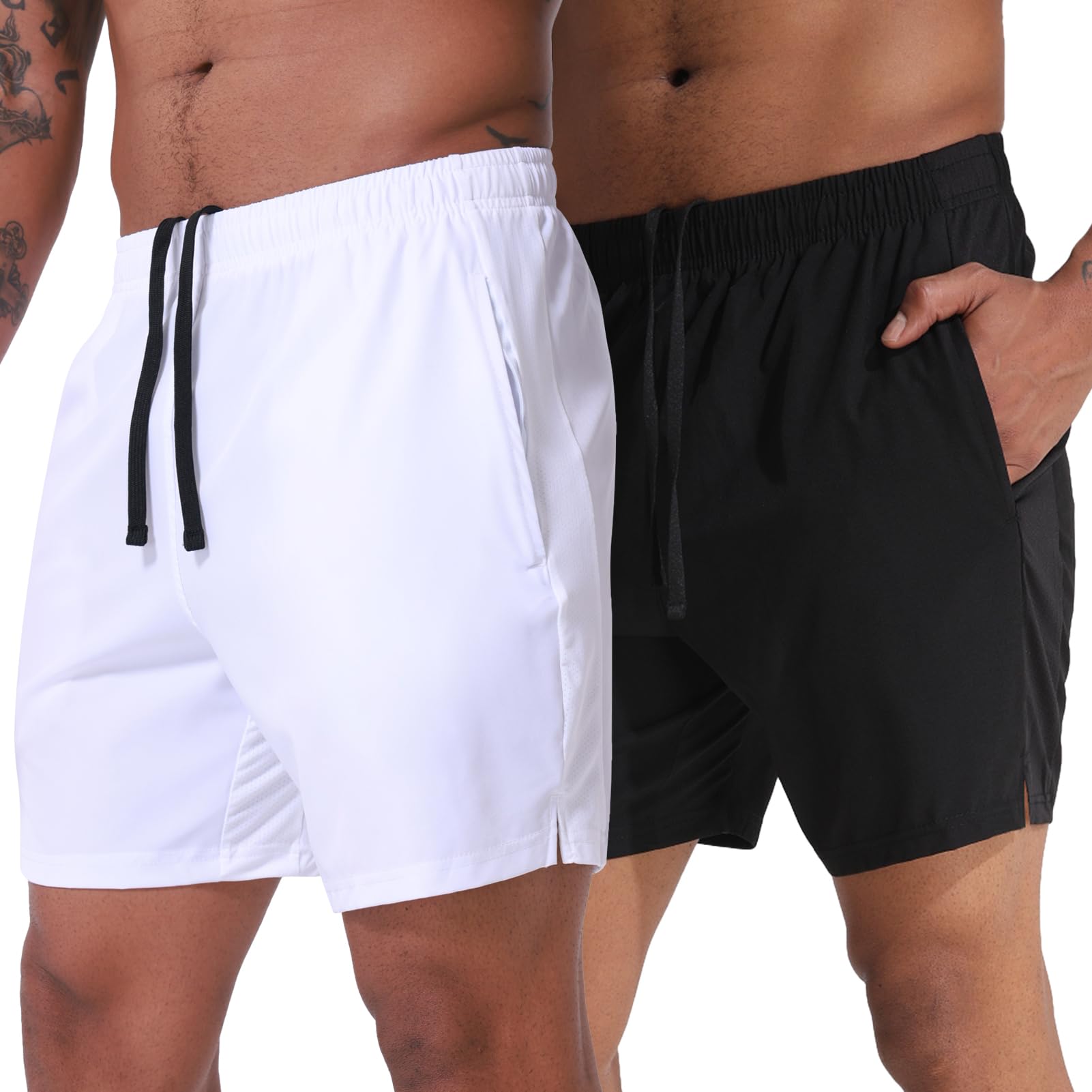 VPOS 2 Pack Men's Athletic Shorts 7 Inch Inseam, Mens Workout Shorts Lightweight Quick Dry Gym Running Shorts for Men White/Black, M