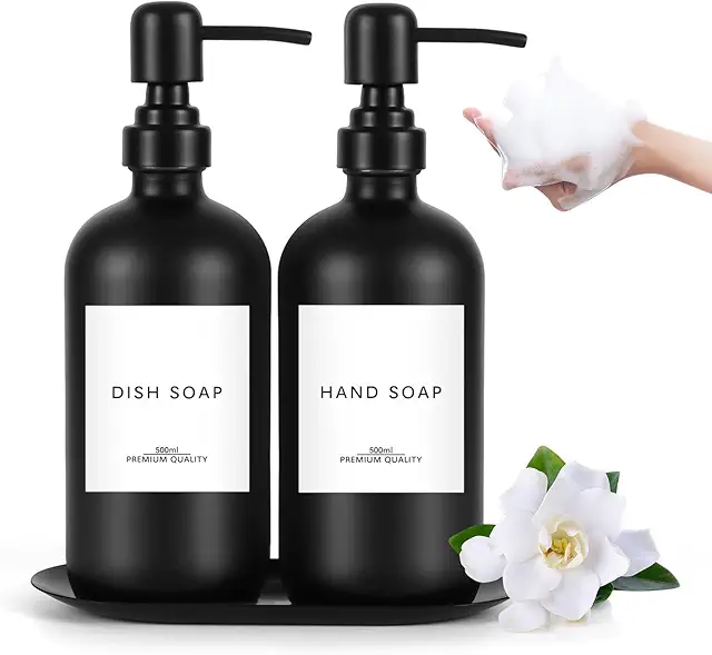 Imagen relacionada con Lannvan Dispensador Jabón Baño de Vidrio,500ml Dispensador Jabón Baño Negro Mate con Bandeja, Dispensador Gel y Champu Ducha con 8 Etiquetas Impermeables (2 pcs)
