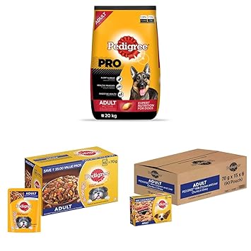 Pedigree PRO Expert Nutrition Dry Food for Large Adult Dogs, 20kg & Wet Dog Food, Grilled Liver Chunks Flavour in Grav, 15 Pouches & Wet Dog Food, Chicken&Liver Chunks in Gravy Flavour, Pack of 90