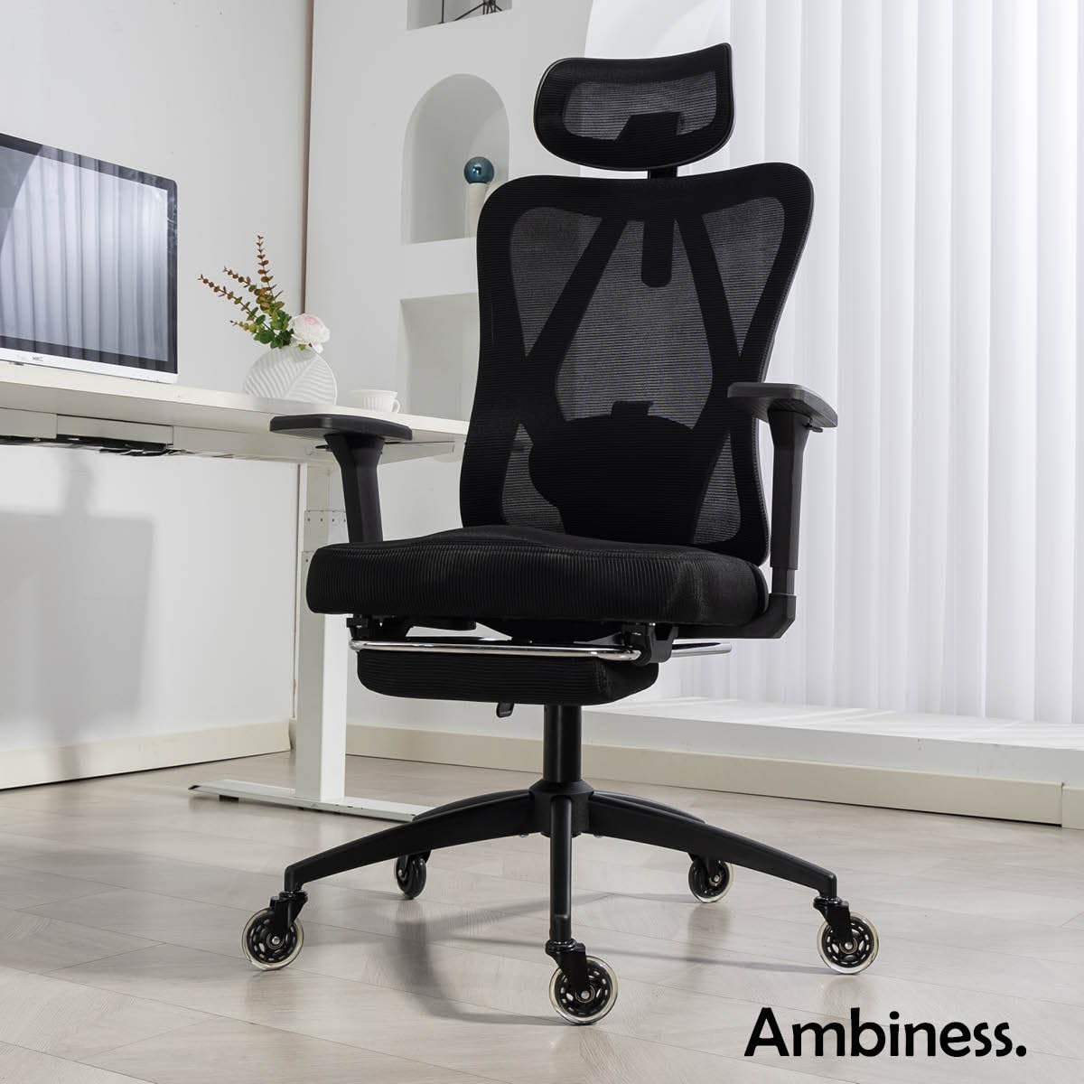 Bürostuhl Schreibtischstuhl | verstellbare Armlehnen & Kopfteil | 6 Modelle | Ergonomisch | stufenlos verstellbare Lendenstütze | inkl. 2 Rollensets | bis 150kg | BackPro Polster-Schwarz