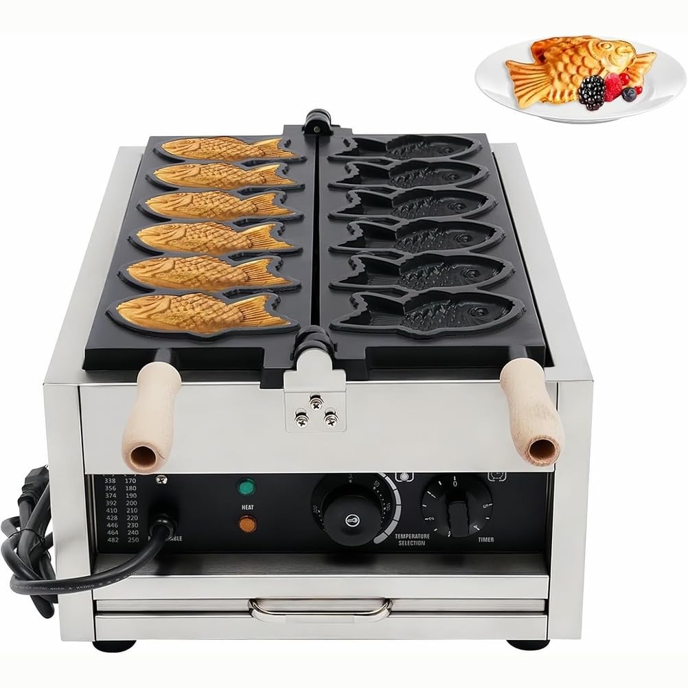 Taiyaki Maker, macchina per waffle a forma di pesce in acciaio inossidabile a 6 slot con piastra di cottura antiaderente, temperatura regolabile da 122 a 300 °C, per casa e ristoranti