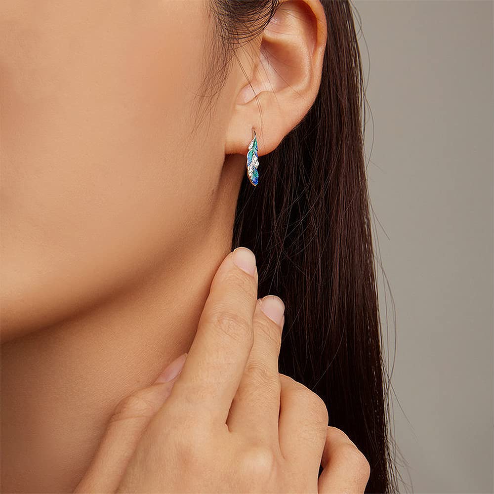 Juego de joyas de plata de ley 925 con diseño de plumas bohemias, esmalte azul, anillo de plumas y aretes de plumas para mujer