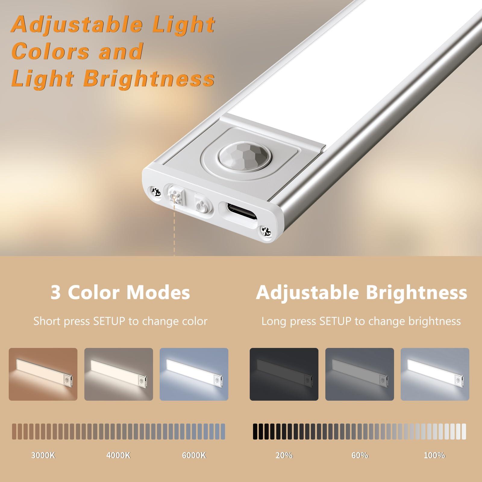 Joossnwell Under Cabinet Lights Wireless 3CCT Motion Sensor Closet Light LED Under Counter Lighting Battery Powered Dimmable Rechargeable Under Cabinet Lighting for Kitchen 3 Packs