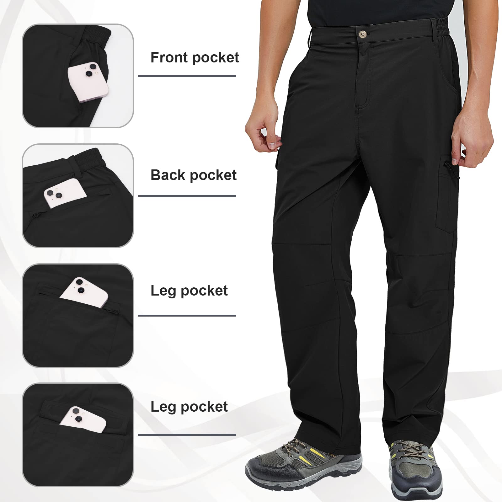 FEIXIANG Pantaloni da trekking per uomo, pantaloni tattici impermeabili ad asciugatura rapida, pantaloni da lavoro multi-tasca, colore nero grande
