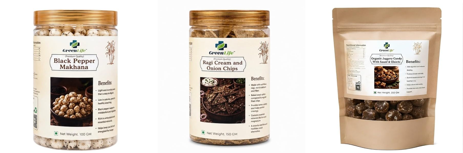 Black Pepper Makhana | Roasted Fox Nuts | Makhana | 100gRagi Cream & Onion Chips | Baked Ragi | Chips | 150gOrganic Jaggery Candy Ginger Mix 250g | Natural Desi Gur Ginger Candy | Tradit-image-25
