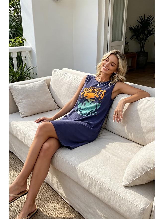 Image of Sun Salt Sand Coconut Tree Tank Mini Dress for Women Sleeveless Beach Praty Shirts Summer Vacation Short Mini Dresses