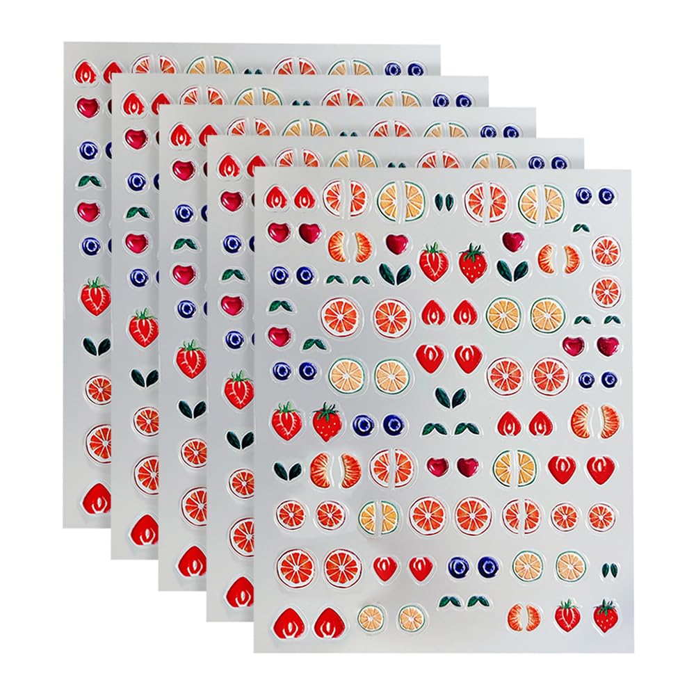 Hugede Multicolor 5 Sheets Small Fruit Nail Decals Summer Nail Art Stickers 3D Self-Adhesive Embossed Nails Stickers Cute Decorative Nails Decals Self Adhesive Manicure Decals For Decoration