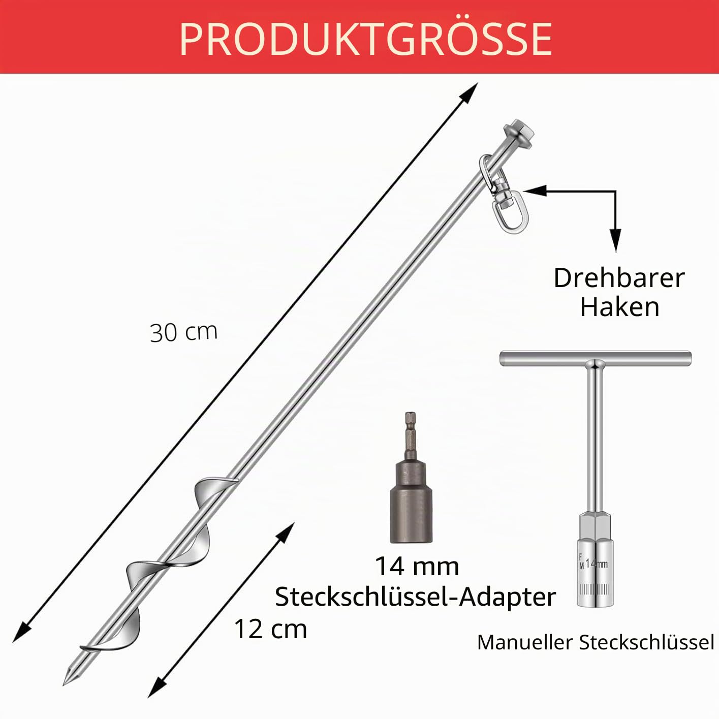 Zeltheringe zum Einschrauben, 30 cm, 16-teiliges Set mit T-Griff, Sechskantschlüssel und Bohrer, robuste Erdspieße für Wohnmobil, Schuppen, Trampolin