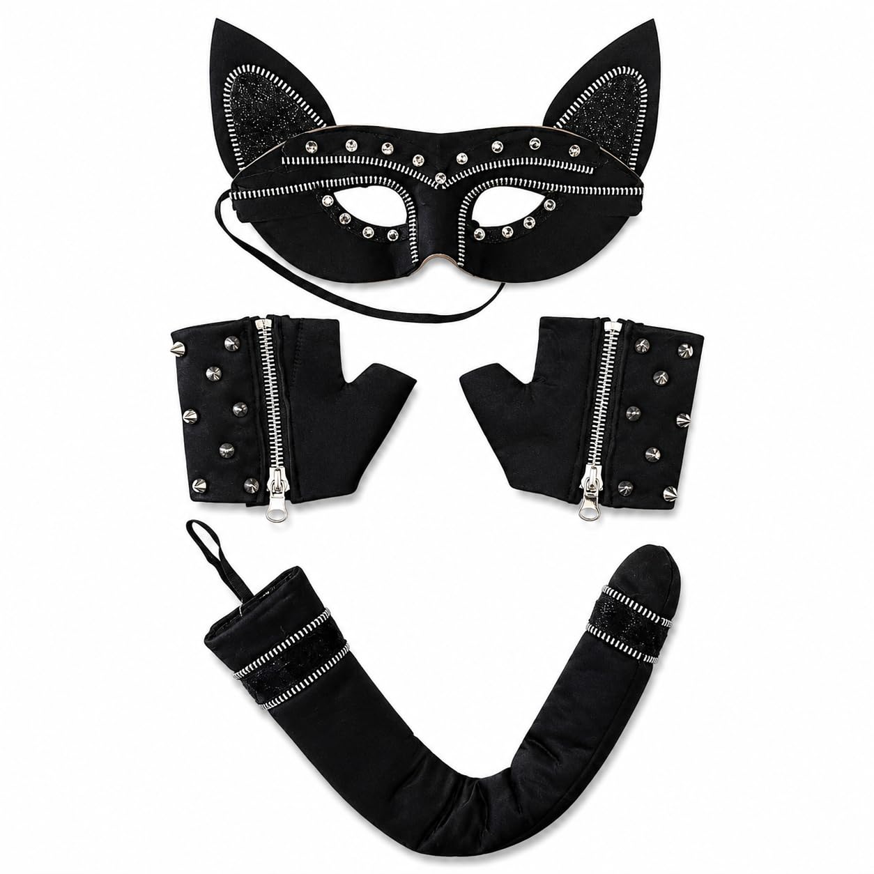 Studded Bad Kitty Thief Cat Set – 3 Pcs Cat Ears Eye Mask, Studded Glovelettes & Long Black Tail For Fancy Dress Halloween Roleplay Parties