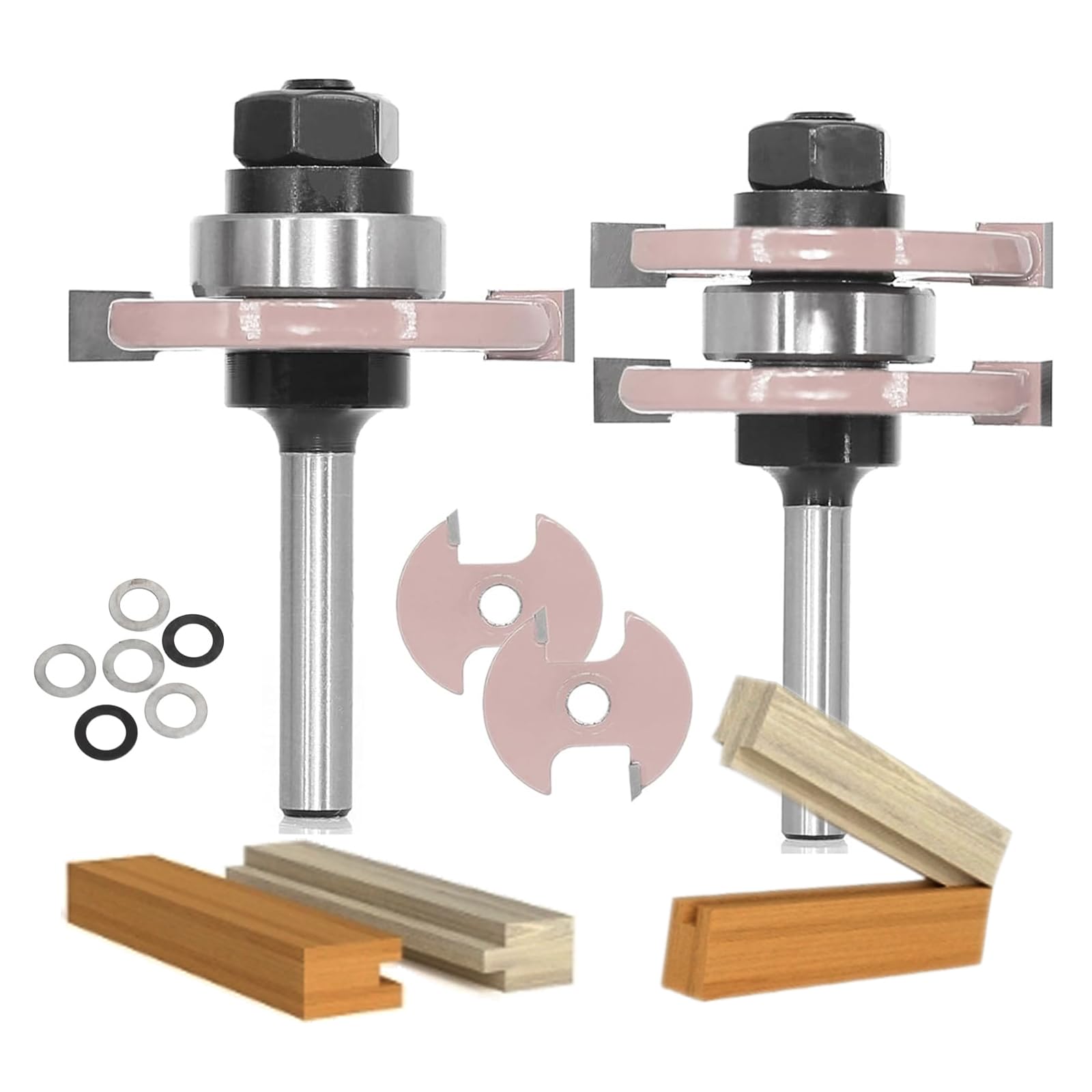 4pcs Adjustable Tongue and Groove Router Bit Set 1/4 Shank, T Shape Wood Milling Cutter, with 2Pcs Changeable Groove Cutter & 6Pcs Shims, Tongue Groove Router Bit for 5/8” to 3/4” Woodworking