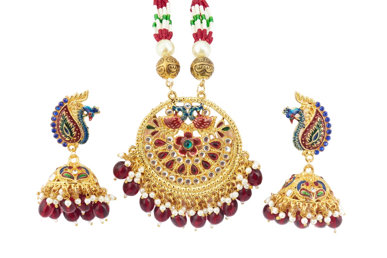 MYROOH - Touching SoulsArtificial Jewellery Rajputana Rajasthani Style Antique Traditional Ethnic Wear Gold Plated Peacock design More Pankh Pendant Pearl Beaded Long Rani Haar Necklace set Earrings