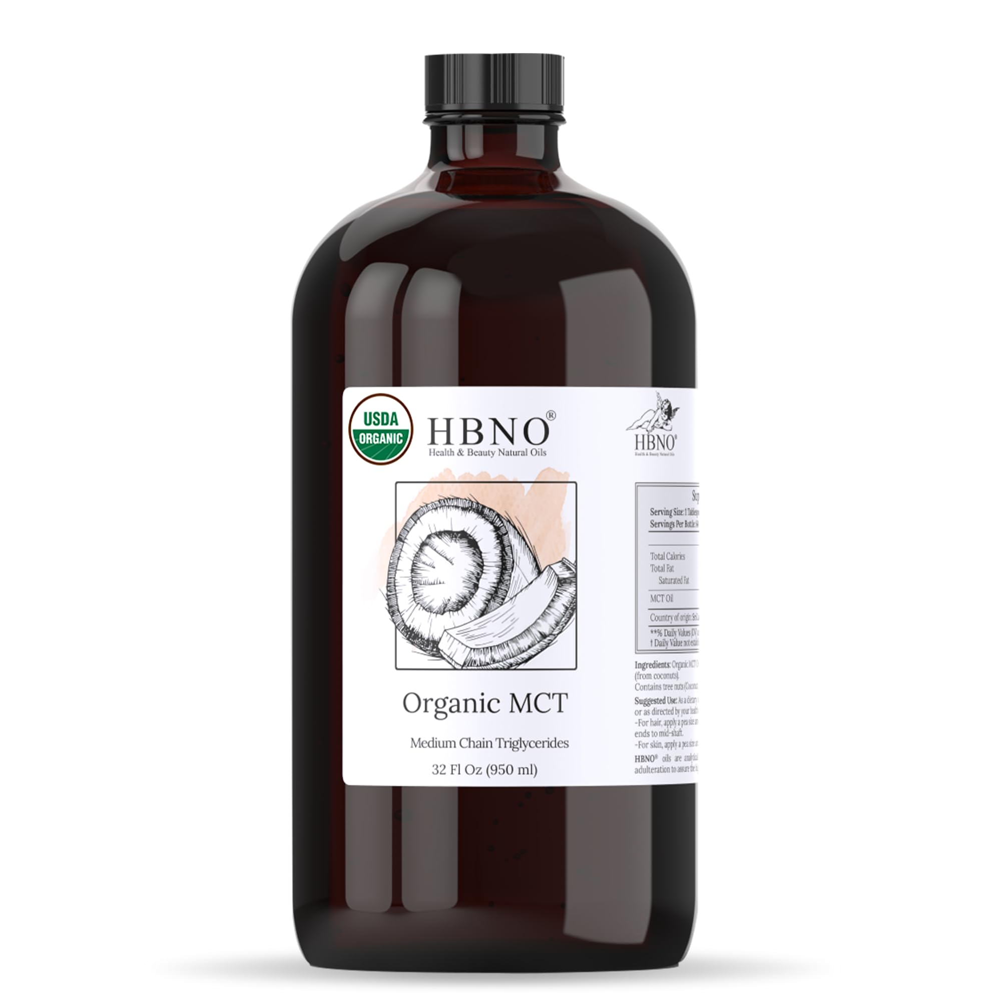 HBNO Organic MCT Oil - 32 oz (950ml) Value Size - Ideal for Salad dressings, Lip balms, Face wash, Lotions, Skincare, and hair care products. Organic MCT (Glass) 32 Fl Oz (Pack of 1)
