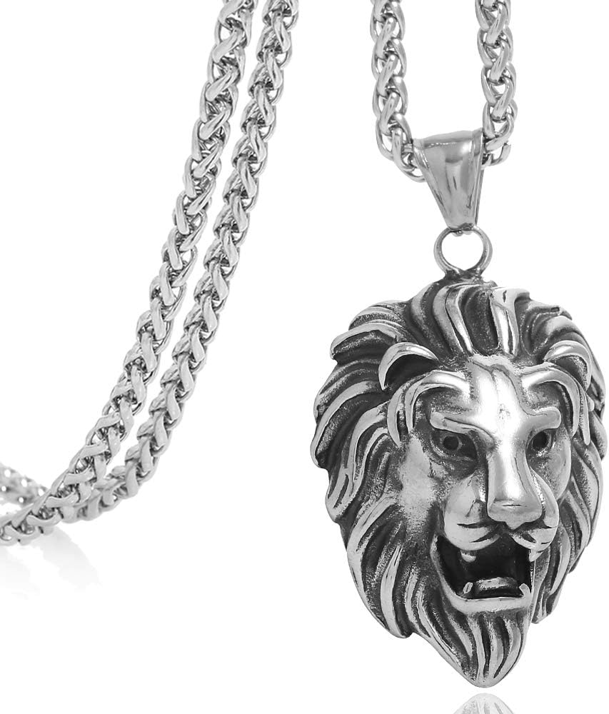 Men's Stainless Steel Lion Biker Pendant Necklace with 24 inch Keel Link Chain