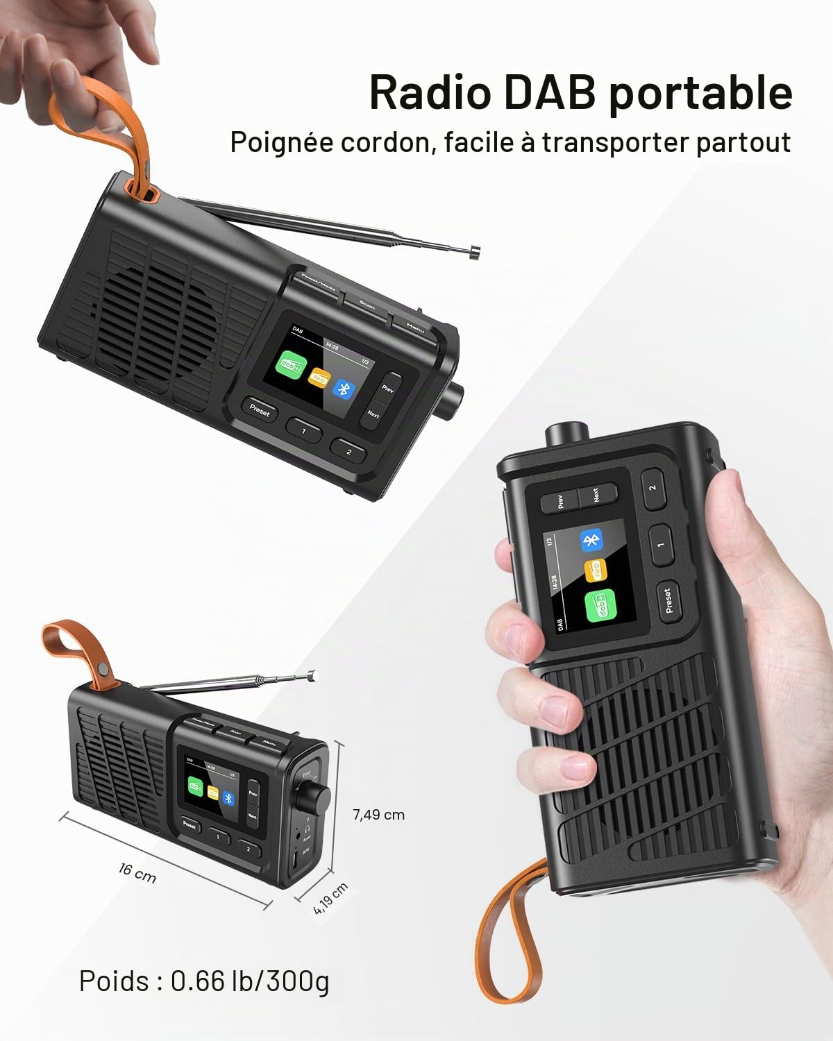Radio Portable Dab avec Bluetooth, Radio FM Rechargeable par USB, radios numériques alimentées par Piles avec poignée élégante, 40 Stations préréglées, minuterie de Mise en Veille/réveil Double