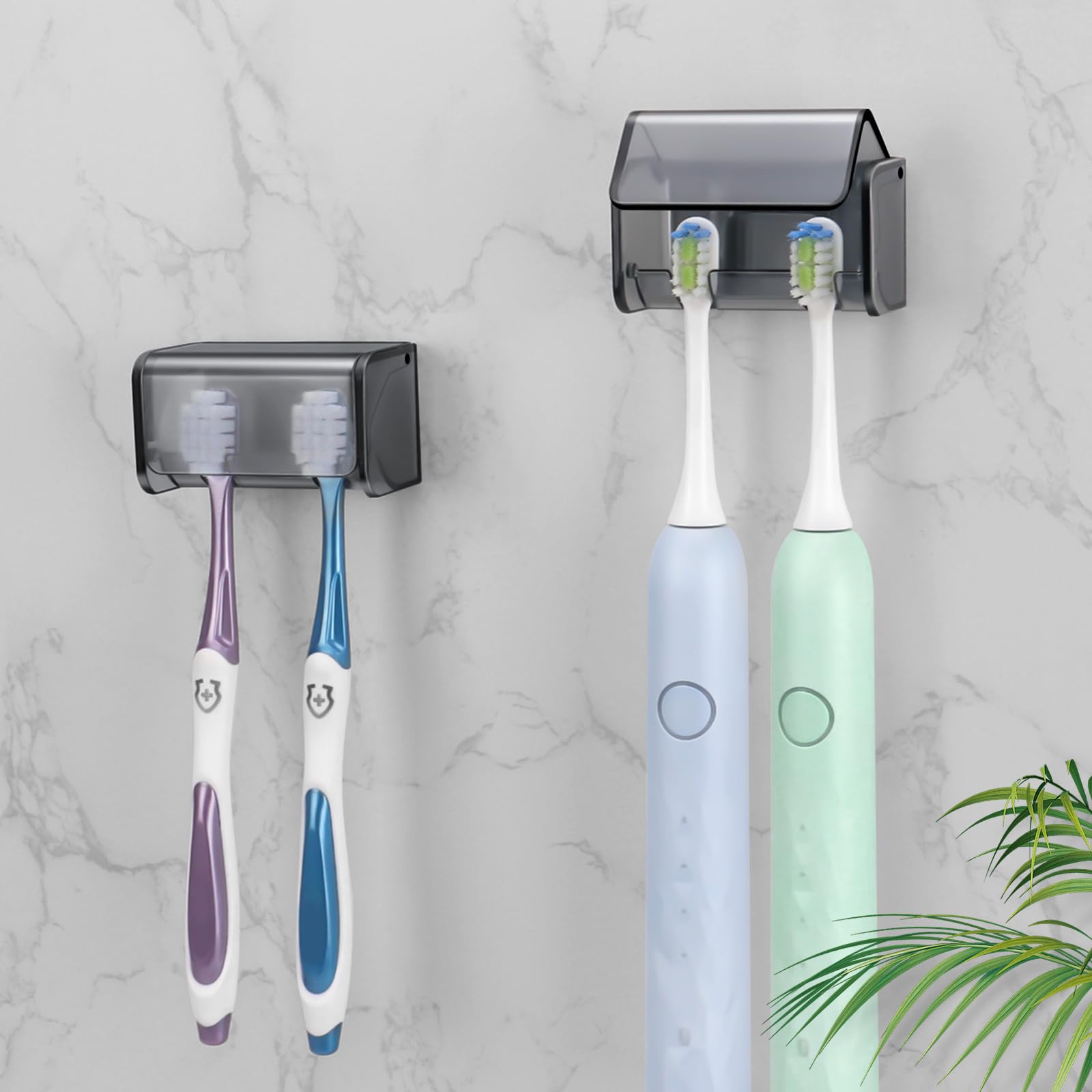 Photo 1 of 2 PCS Toothbrush Holders Wall Mounted with Cover (2, Transparent Black)