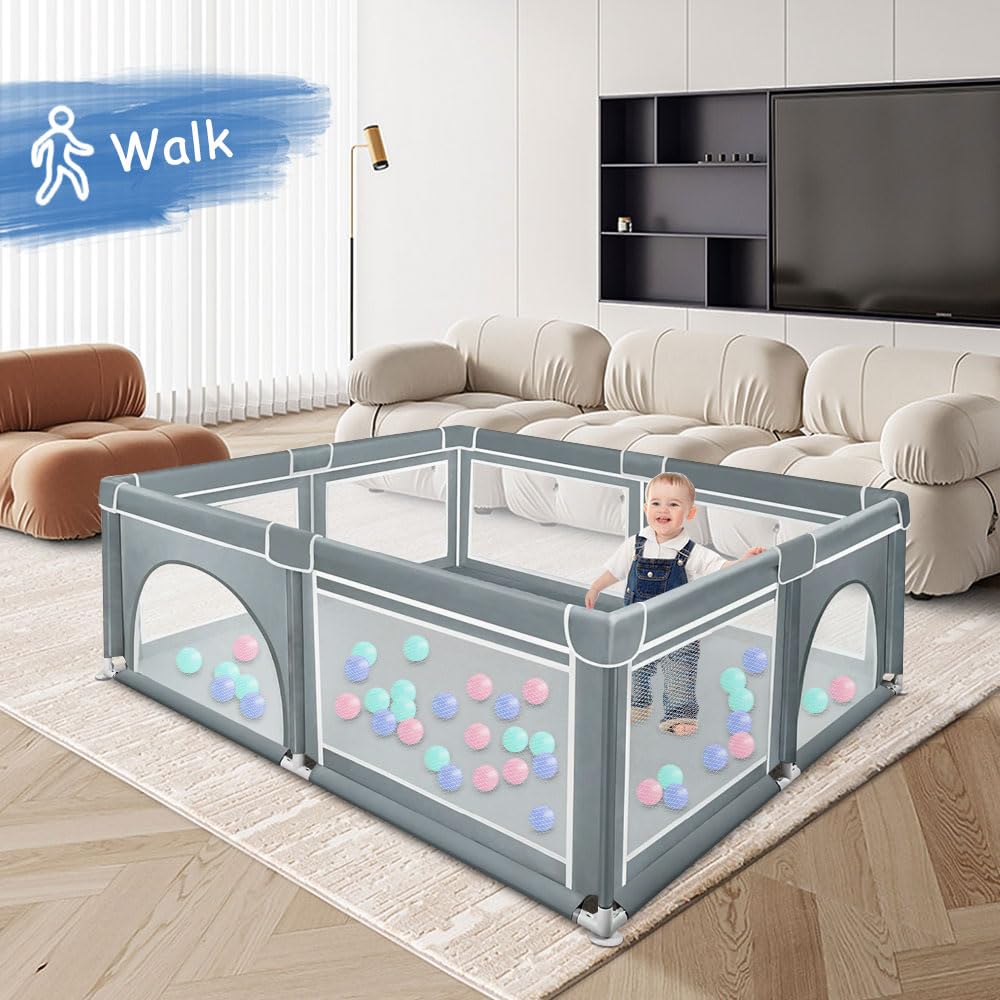 Box per Bambini, Box per Appartamento, recinto per bambini Recinto neonato in Tessuto Oxford e Rete Traspirante, con Sui Quattro Lati e Ventose con Base Antiscivolo-180 * 150 * 66 cm - grigio scuro