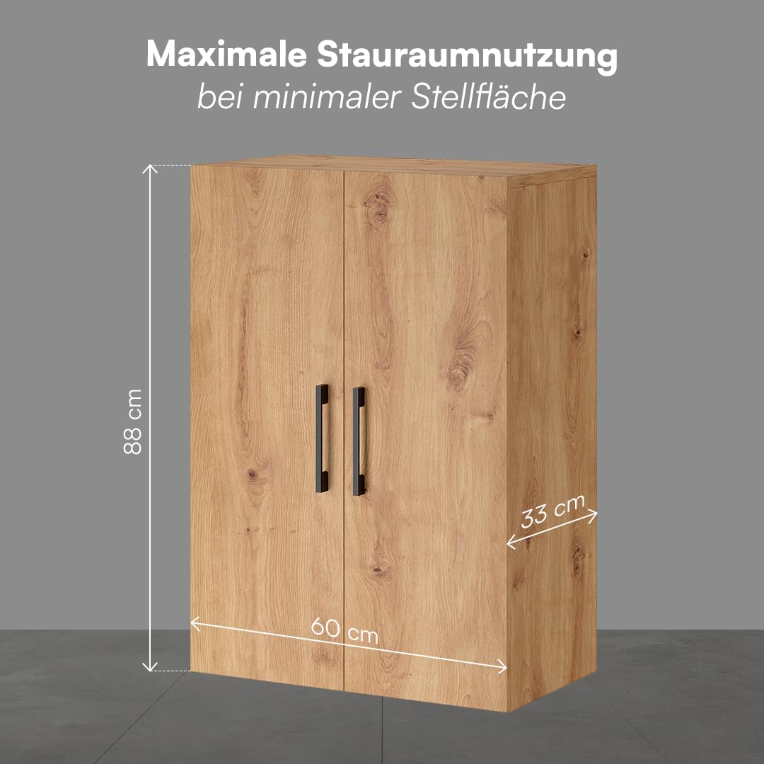 Bellamio Apol Büroschrank 60 cm, mit 3 Fächern, Eichenoptik | Aktenschrank aus Holz, kleines Bücherregal mit 2 Türen für Flur/Wohnzimmer/Büro, Aufbewahrungsschrank