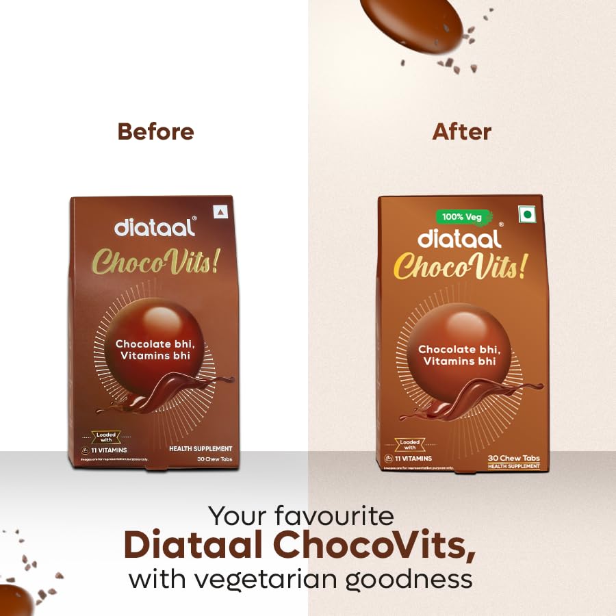 Image of Diataal ChocoVits Veg, Chewable Multivitamin | 30 Chocolaty Tabs with 11 Essential Vitamins | Power of B-complex vitamins, B12, D3, Nicotinamide, Vitamin A, C & E for Energy | Immunity | Healthy Skin.