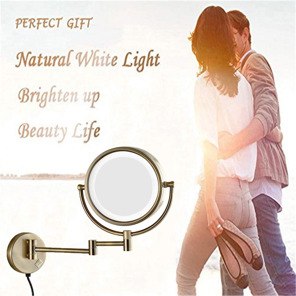 Espejo de maquillaje Montaje en pared, giratorio de 360° Extensible Aumento de 3X Espejo de baño de doble cara Espejo de afeitar de forma redonda plegable con luz LED, trefilado de alambre d
