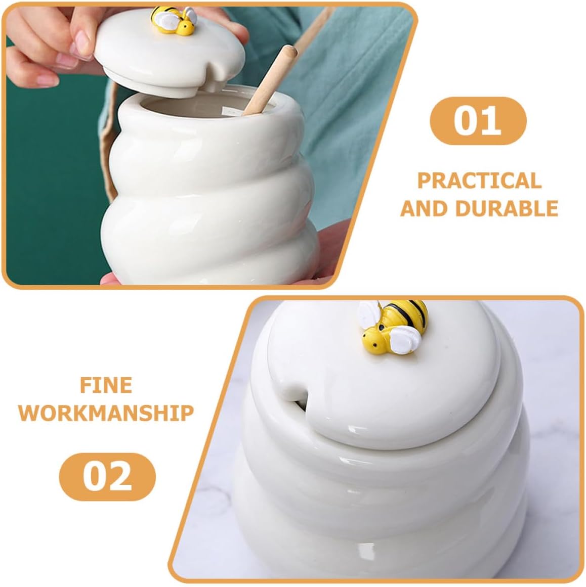 Ceramic Honey Jar with Honey Dipper 415ml White Container Cute Insect Pattern for Kitchen Storage and Dining Serveware