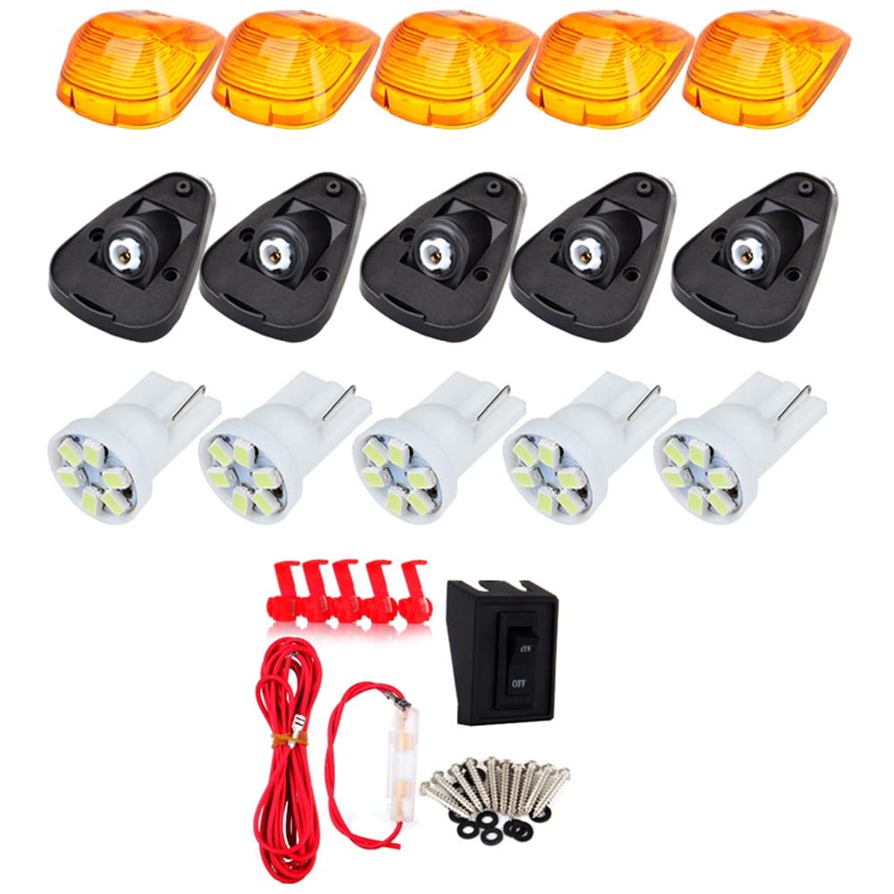 cciyu 5x Cab Marker Light Assembly Amber Top Roof Running Len w/Base+Wiring Pack T10-6-3020-SMD White LED Bulbs Cab Marker Assembly fit for 1999-2016 For Ford F250 F350 F450 04-18