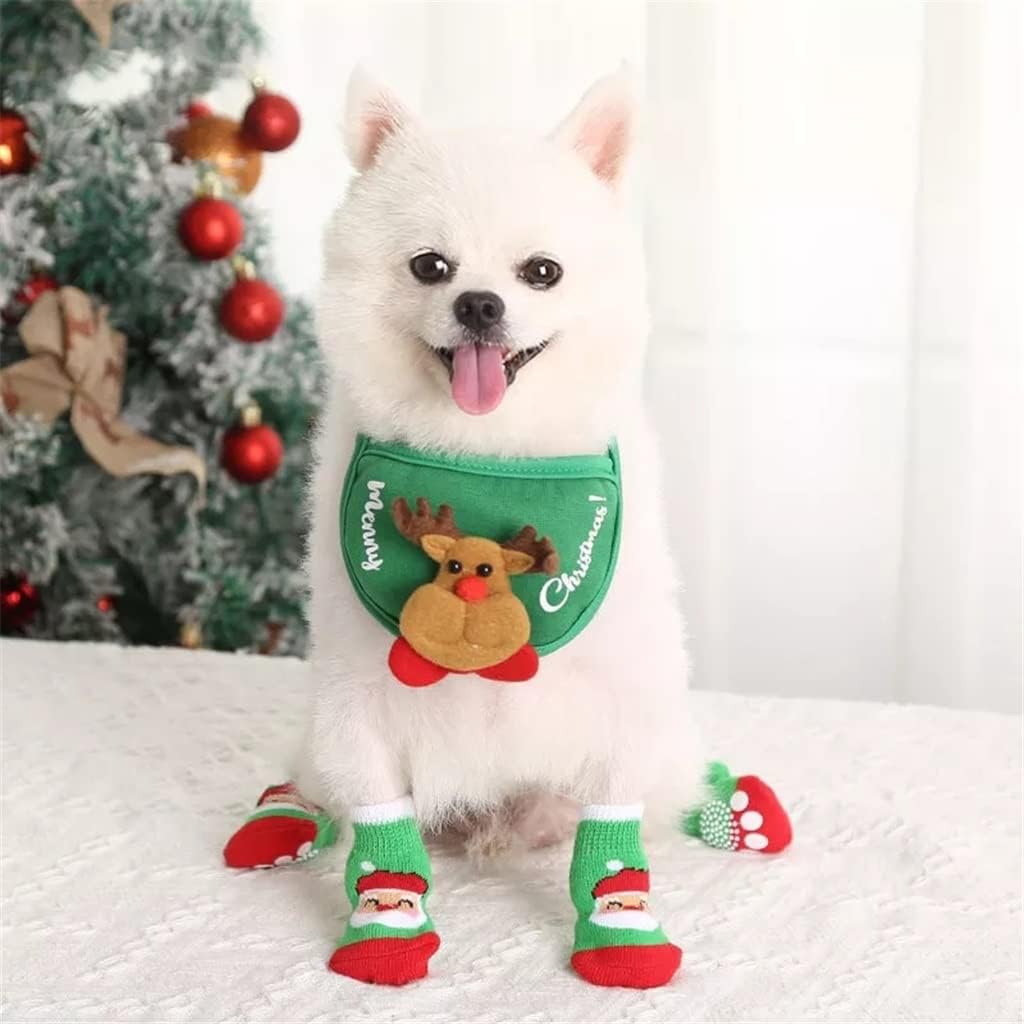 Pet Shoes 4Pcs Warm Puppy Dog Shoes Soft Pet Knits Socks Cute Cartoon Anti Slip Skid Socks for Small Dogs Breathable Pet Products (Green S code)
