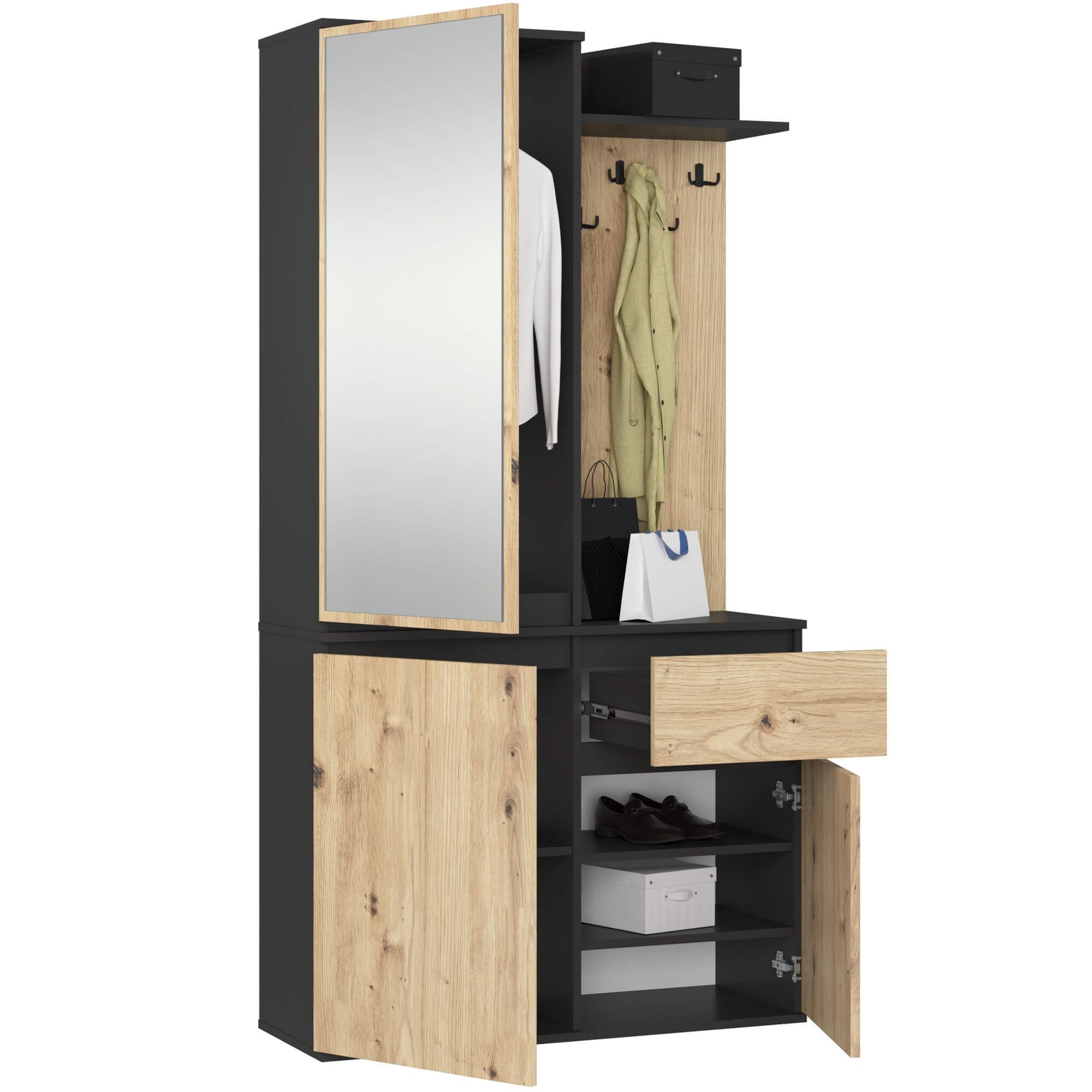 AKORD Ensemble de Vestiaire d'Entrée avec Miroir - 95 cm, 3 Portes, 1 Tiroir, 7 Étagères - Meuble d'Entrée - Optimum pour Petits Espaces - Couloir ou Entrée Étroit - Noir & Chêne-Artisanalal