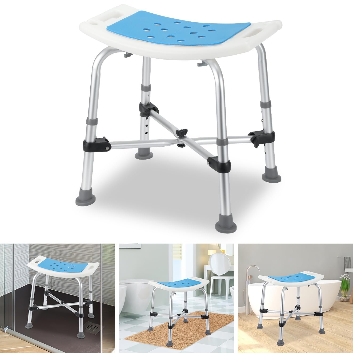 Taboret prysznicowy dla seniorów, taboret łazienkowy z regulacją wysokości 38-54 cm, aluminiowy fotel łazienkowy, pomoc prysznicowa z podwójnie wzmocnionymi belkami poprzecznymi i poduszkami,