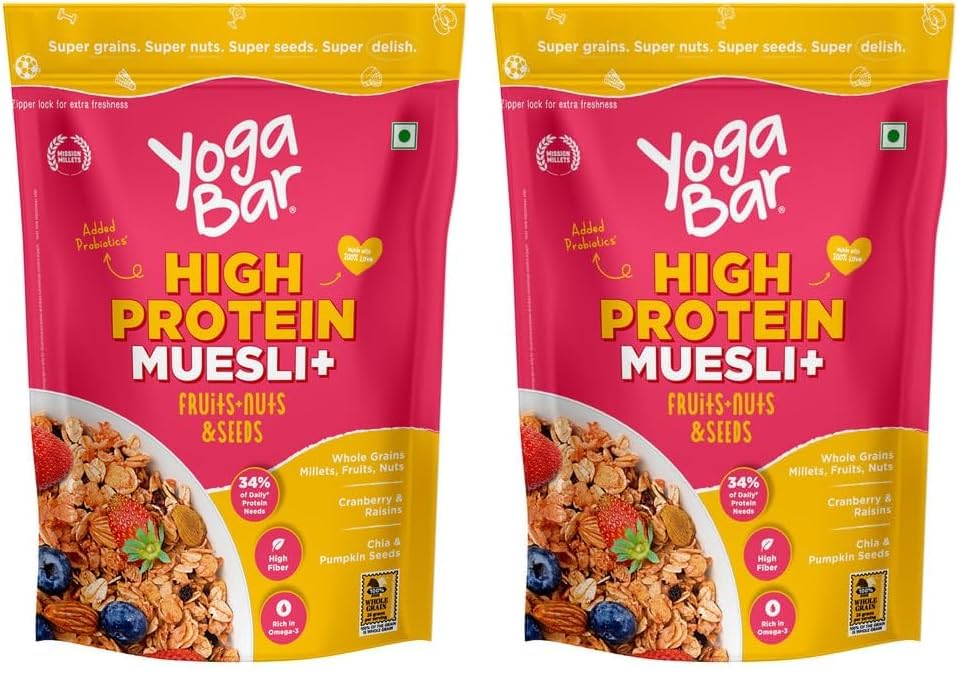 Image of Yogabar High Protein Muesli 850gm Fruits + Nuts & Seeds, 23g Protein per 100g | Packed with dehydrated fruits,nuts & seeds | Best High Protein Breakfast Cereal (Pack of 2)