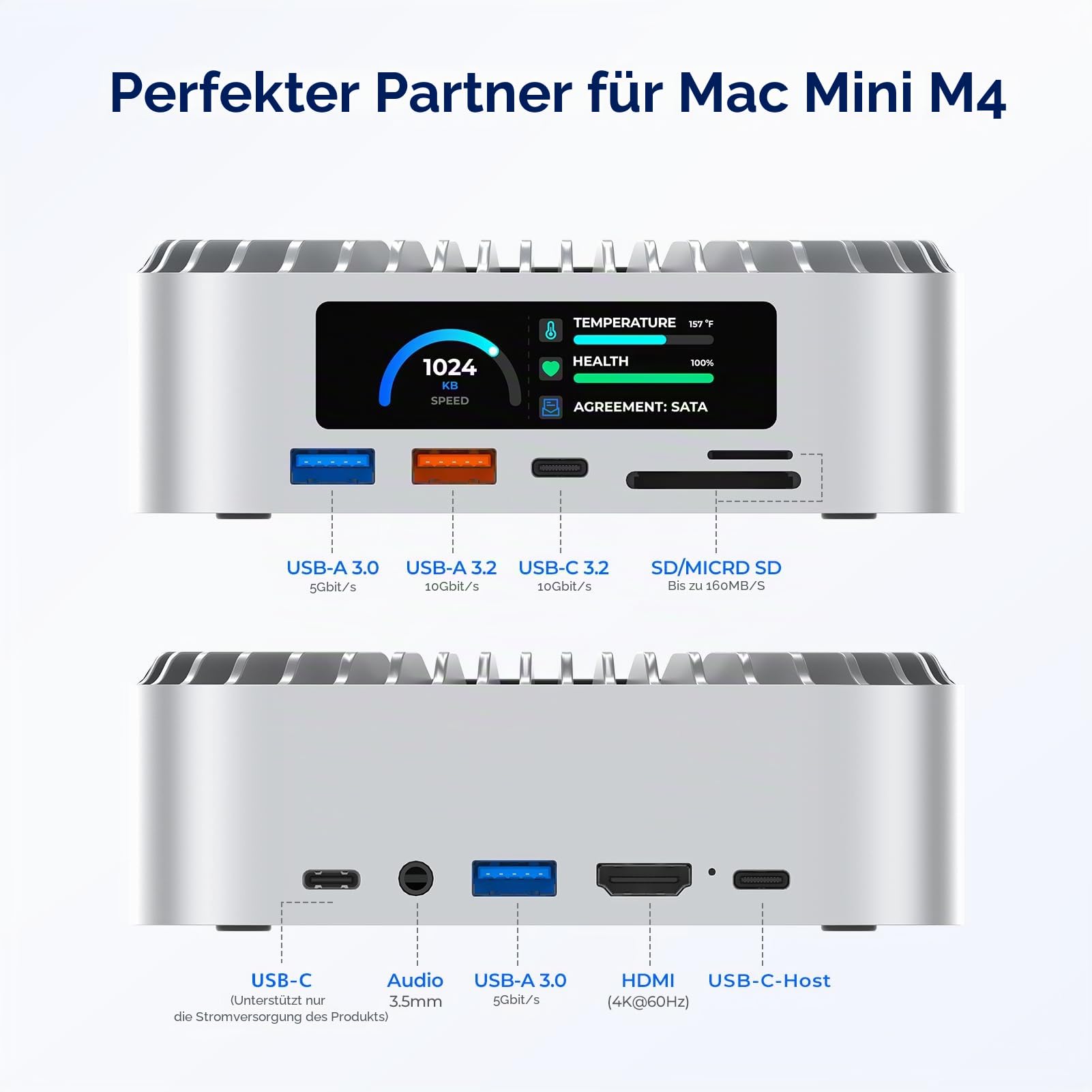 RayCue All-in-One Dock für Mac mini M4 mit 8TB SSD, 4K60Hz HDMI, USB-C & USB-A (10G/5G), SD/TF, Audio - 2024 Mac mini M4 Dockingstation