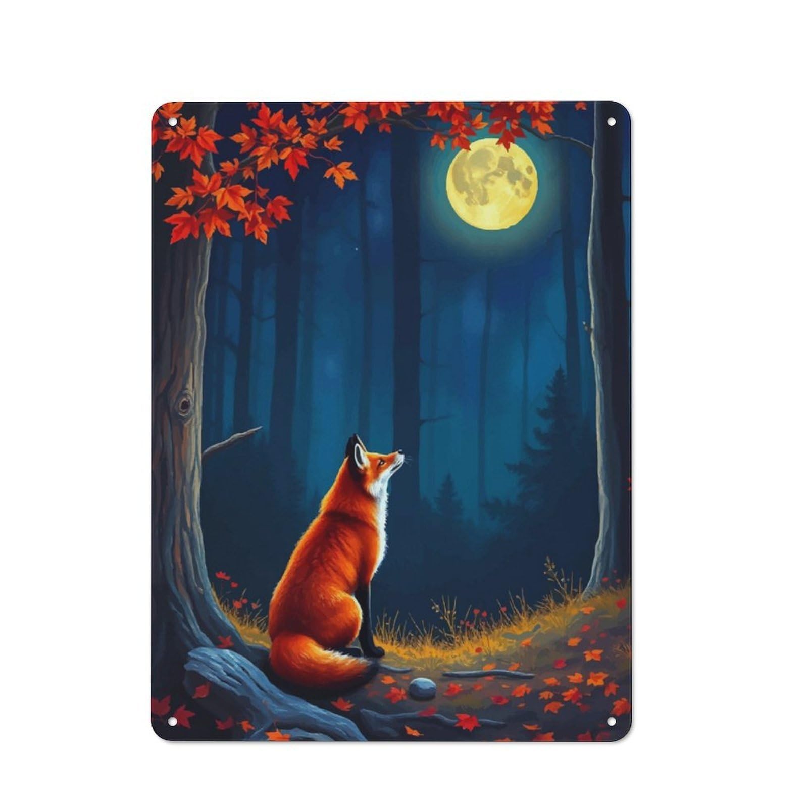 Junmoney Fox Under The Full Moon Metal Sign 40X30cm With For Pub Or Café, Retro Decor, For Cooler-Month Interiors With Retro Character